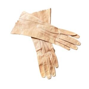 Antique 1930s–50s Czech Kid Leather Gloves, Scalloped Cuffs, Size 6.75